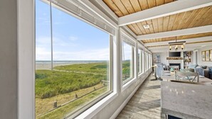 A spacious room with large windows offering a view of the beach and dunes. - 100 Steps to the Beach, Amazing Views and Sunsets (Moclips)