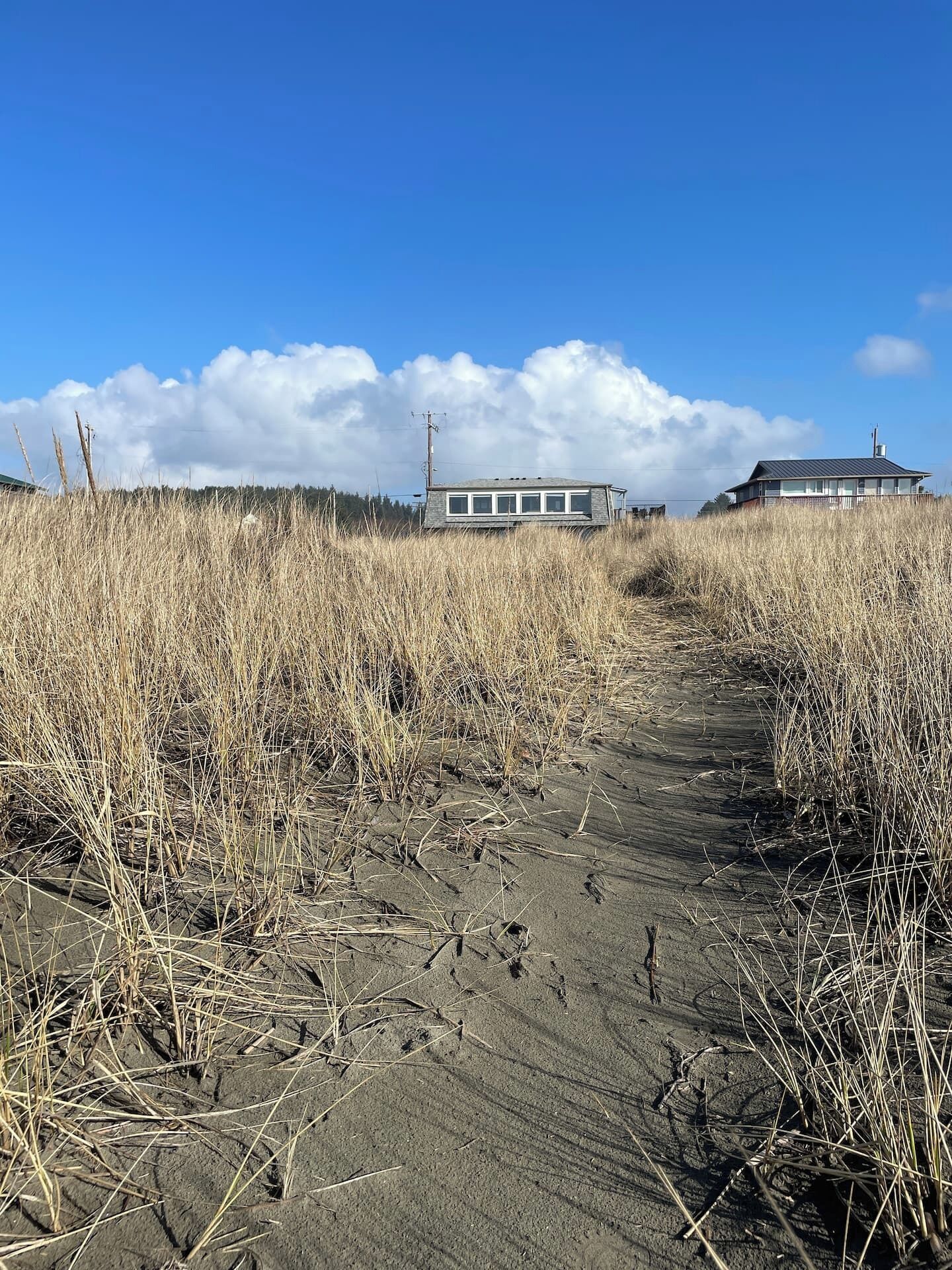 A sandy path leading to a house with a flat roof and a small porch.