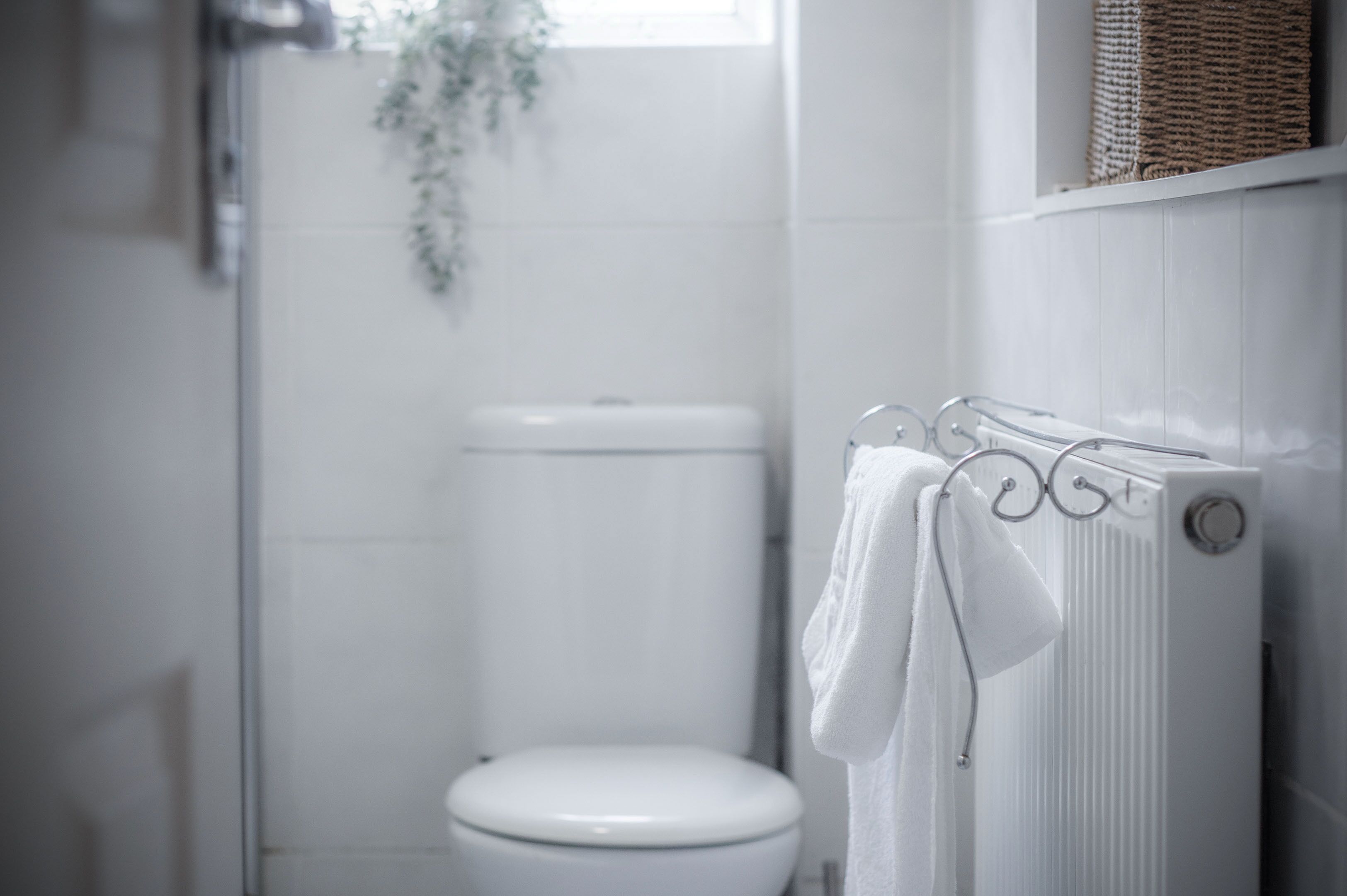 A bathroom with a white toilet, a towel rack with a white towel, and a radiator.