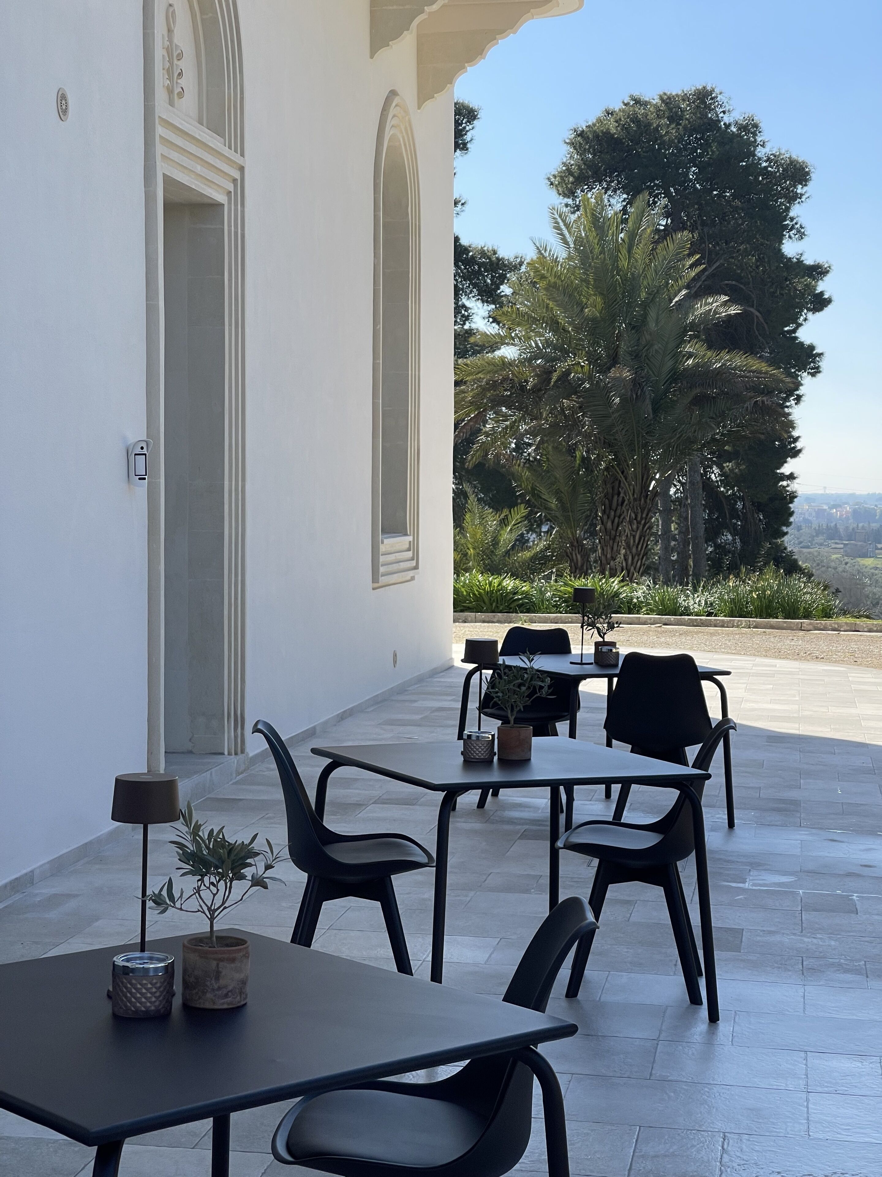 An outdoor patio with two tables and chairs, a potted plant, and a view of trees and a distant cityscape.