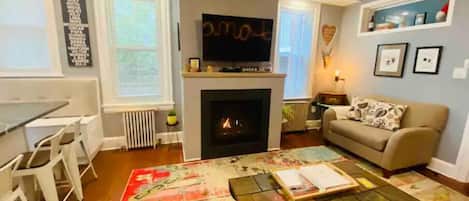 Smart TV, fireplace, DVD player, books