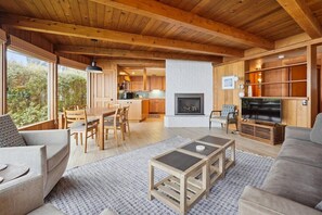 Smart TV, fireplace, books