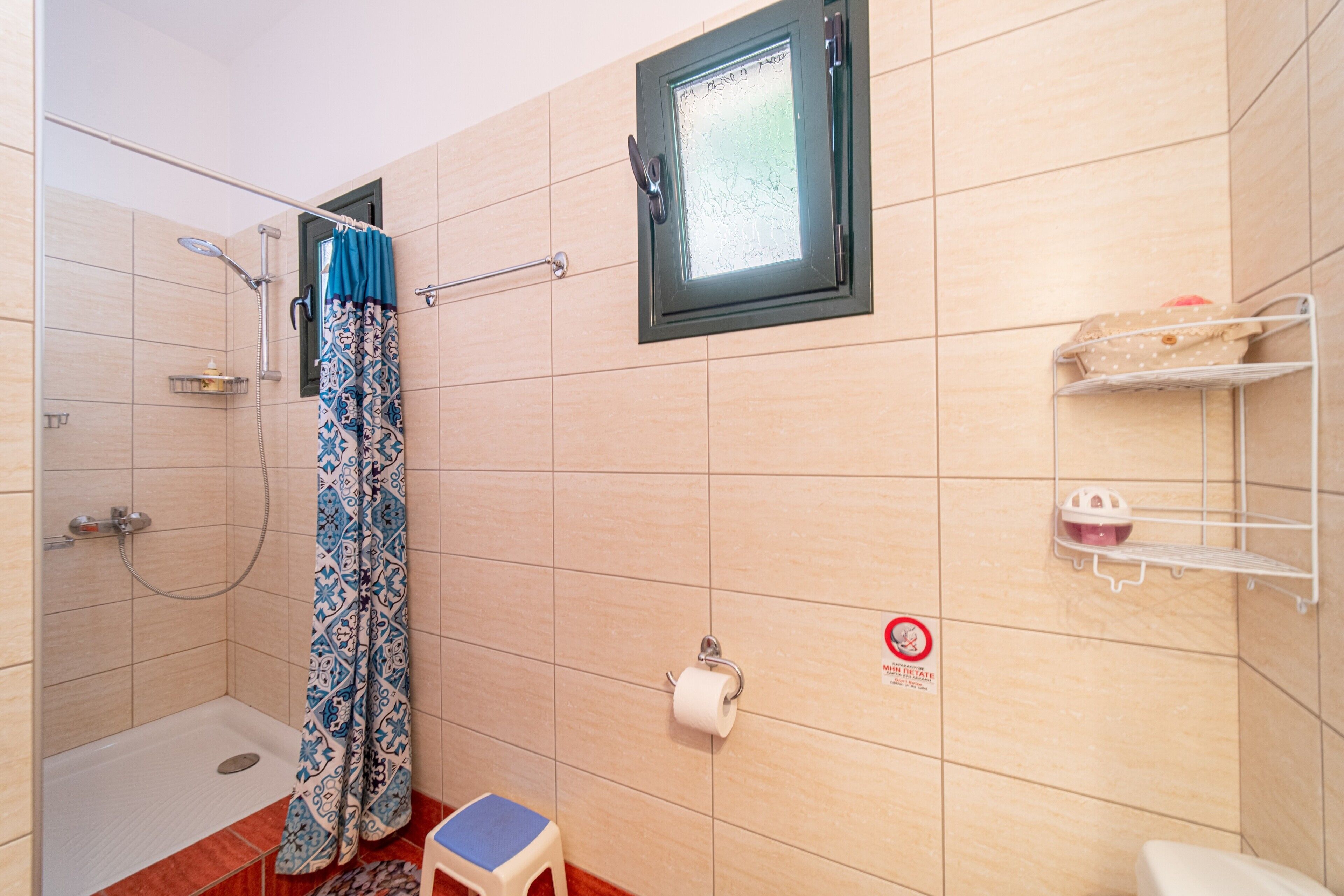 Une salle de bain avec une douche, des toilettes et un petit marchepied.