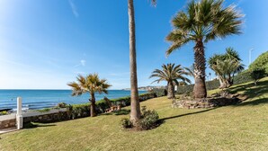 Un paisaje costero con palmeras, un área verde y vista al mar.