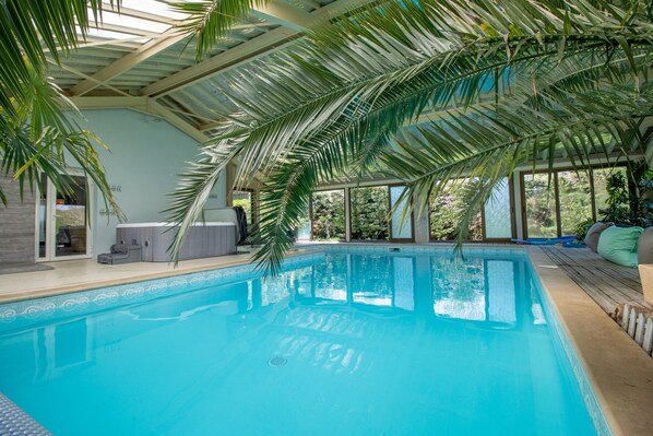 Piscina interior con estructura de techo, palmeras y vista a zonas verdes al exterior.