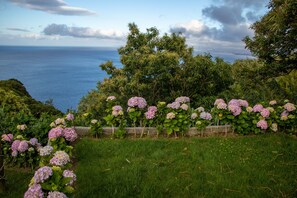 En trädgård med trädgårdslyckor och utsikt över havet.