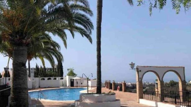Uima-allasalue, jossa on palmuja ja pergola.