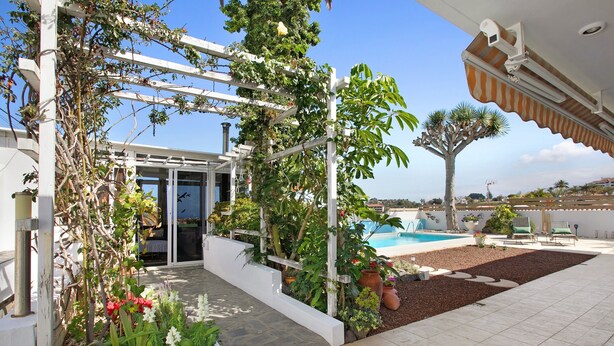 A covered patio with a pool, a pergola with climbing plants, and a view of the pool. - Vacation Home "Paraíso" with Sea View, Pool & Wi-Fi (Puerto de la cruz)