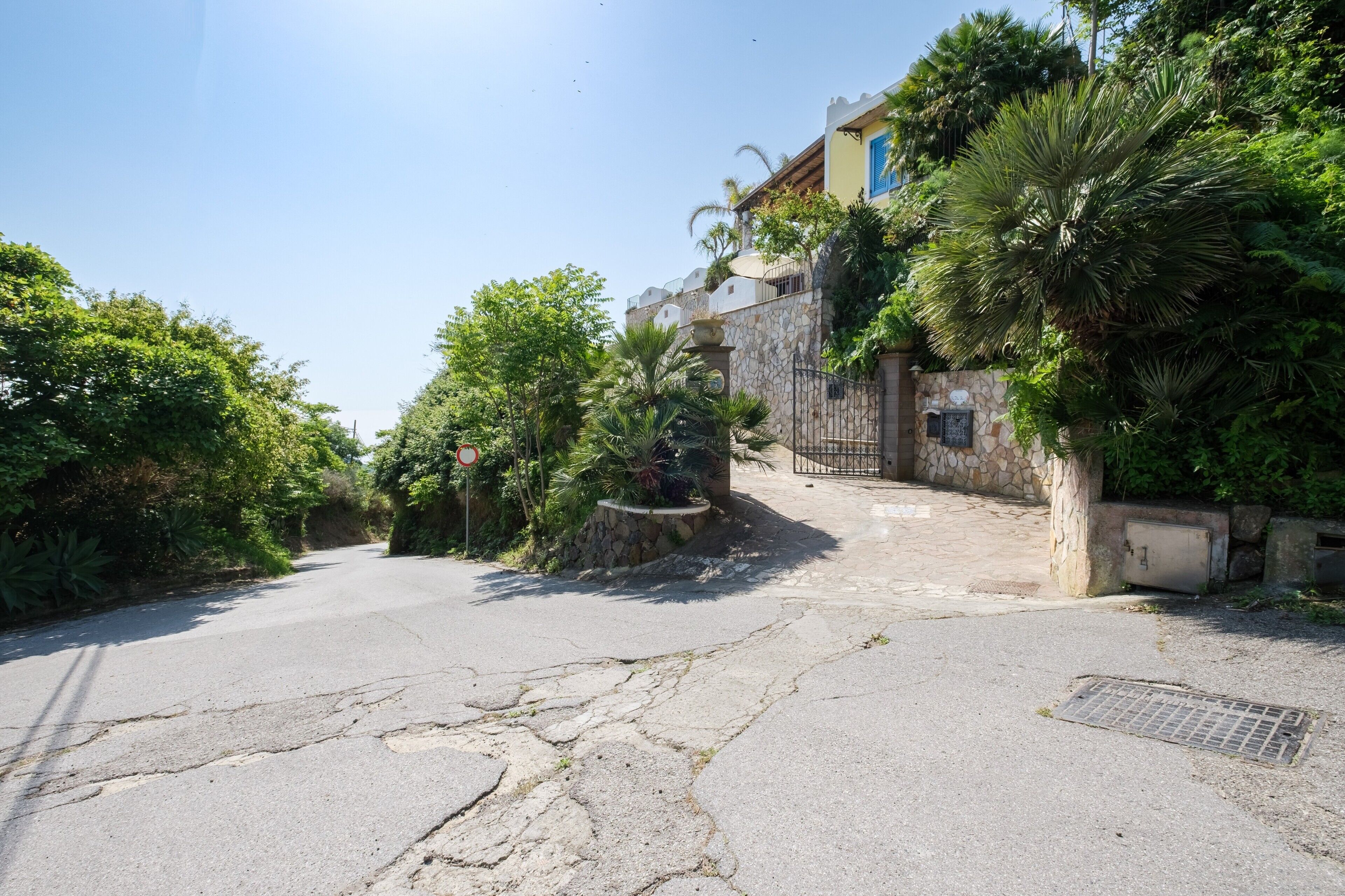 Una calle residencial con un muro de piedra, una entrada con reja y abundante vegetación.