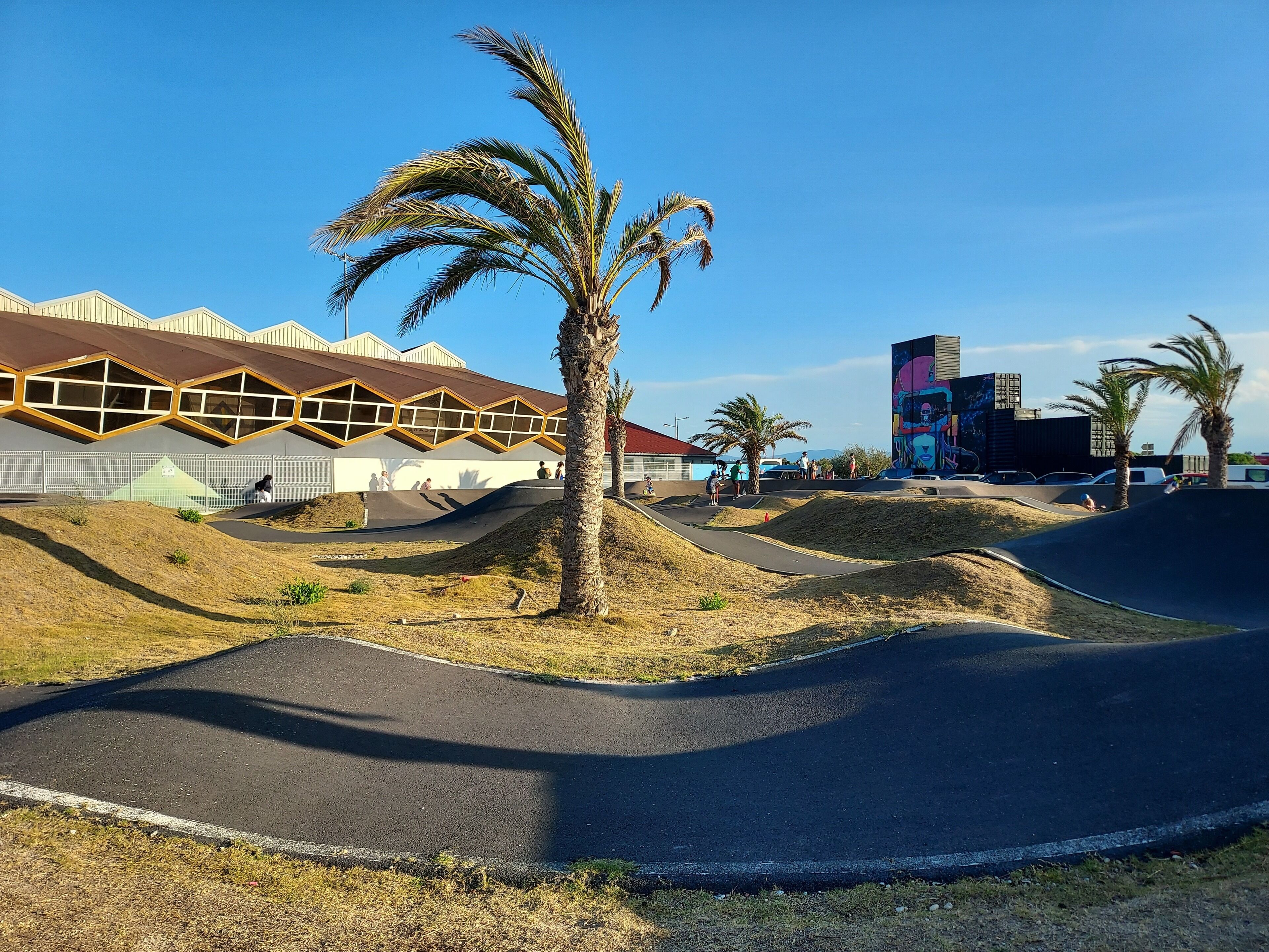 Een skatepark met hellingen en palmbomen, een gebouw met een unieke geometrische gevel, en een groot digitaal reclamebord op de achtergrond.