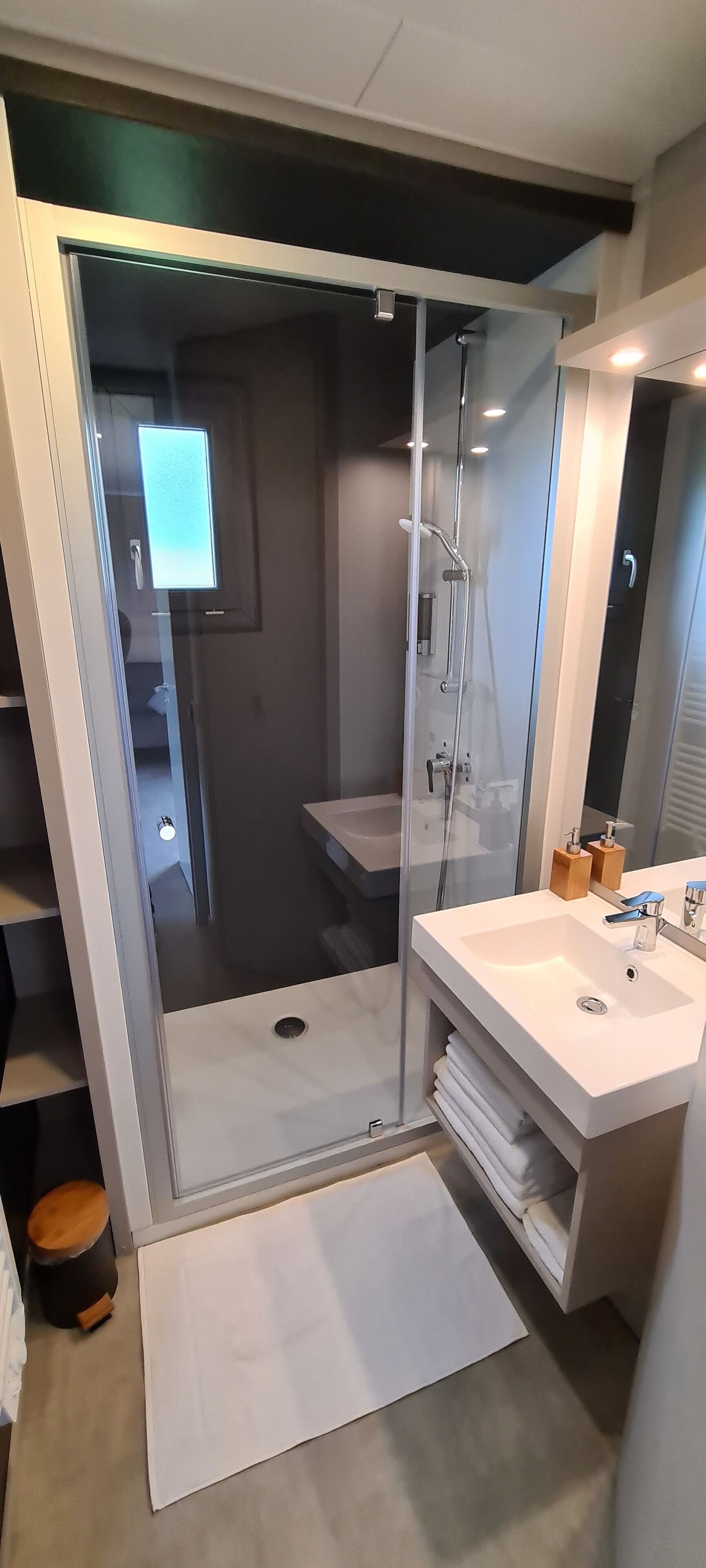 A modern bathroom with a glass-enclosed shower, a white sink, and a mirror.