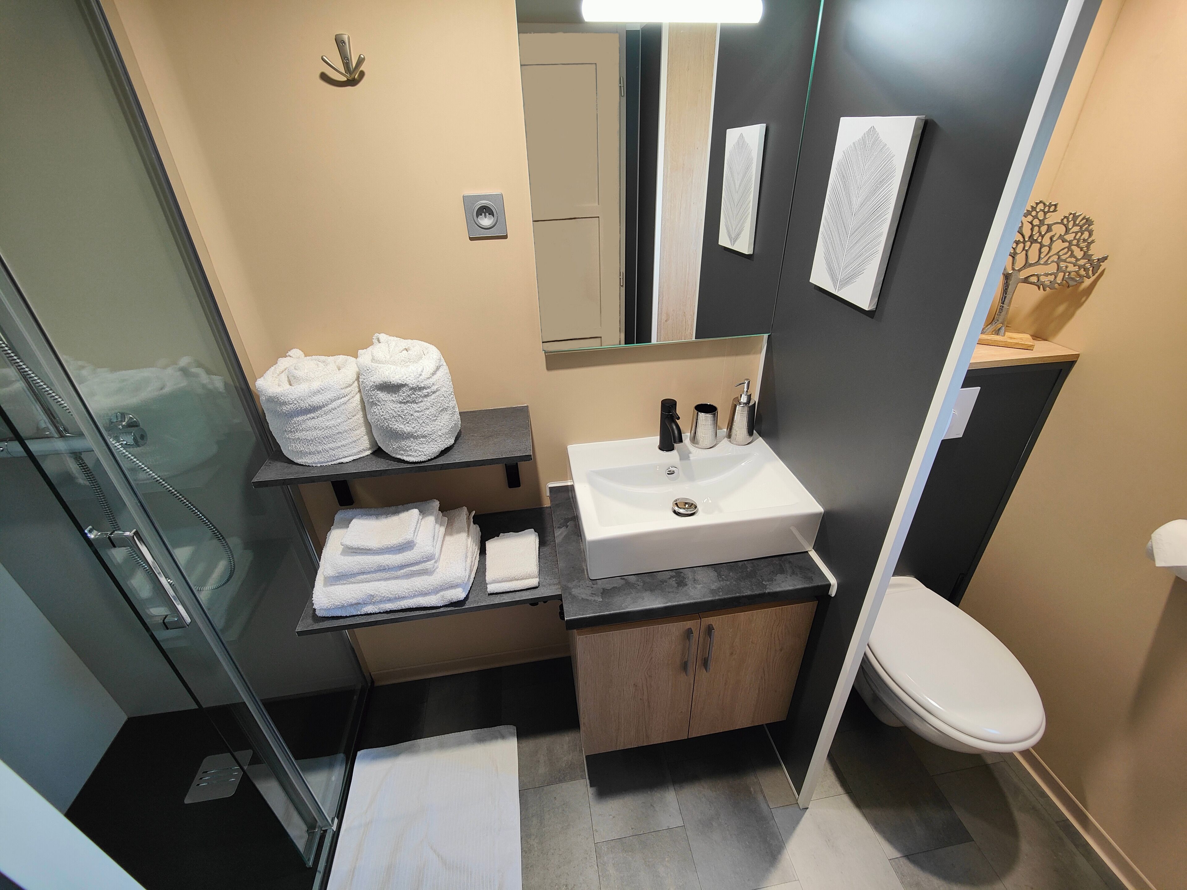 Un baño moderno con cabina de ducha de vidrio, un lavamanos con espejo y un inodoro. Hay toallas y artículos de aseo en la zona del lavamanos.