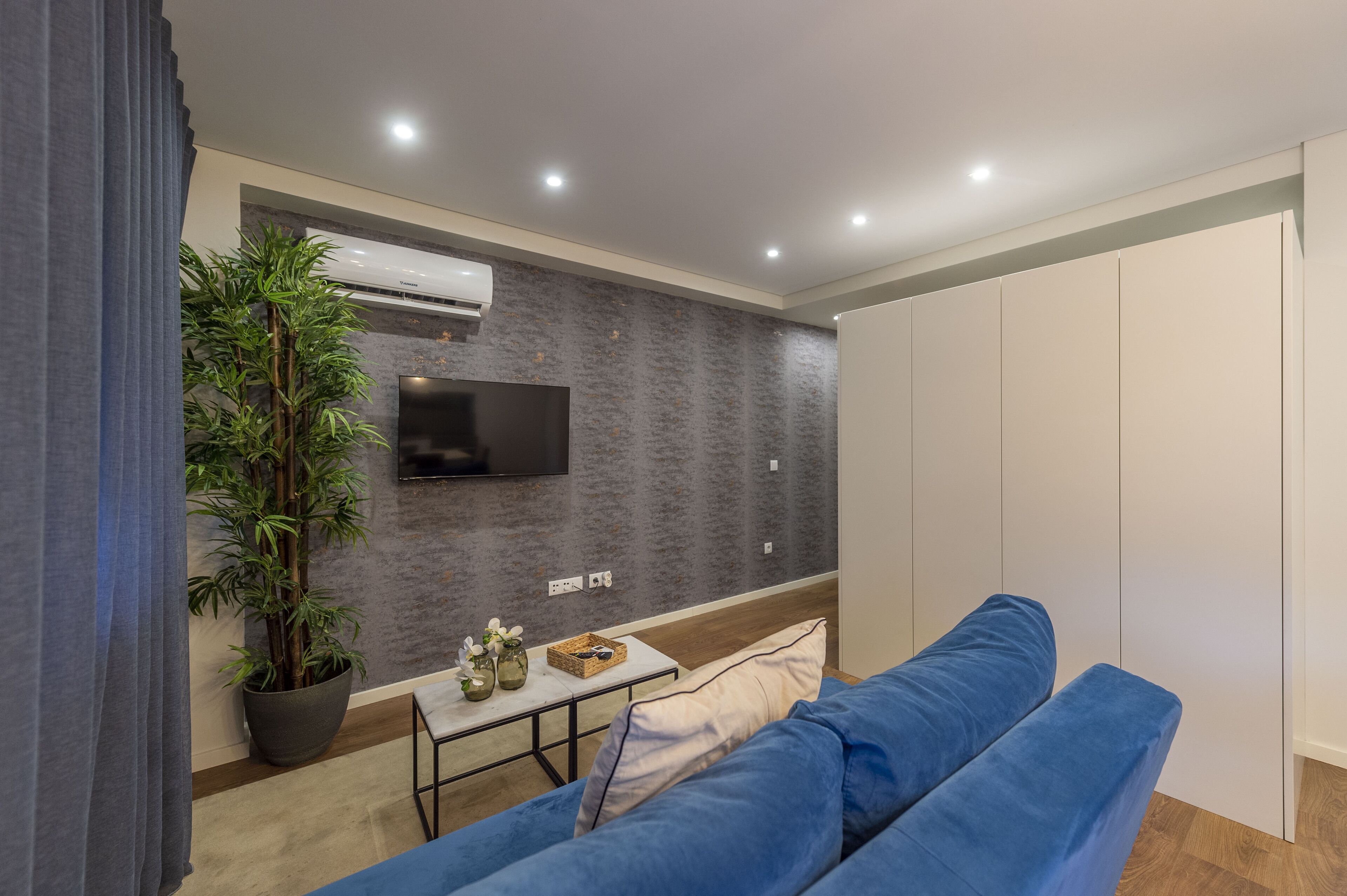 A modern living room with a blue sofa, a small table with decorative items, a large potted plant, and a mounted TV.