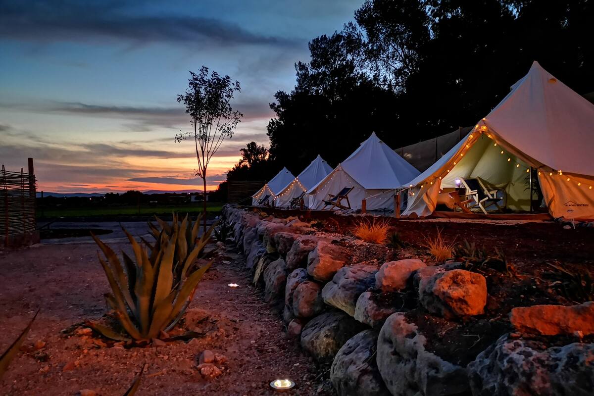 Una hilera de tiendas blancas con luces colgantes, con un cielo crepuscular de fondo, y un camino pedregoso y una planta de agave en primer plano.