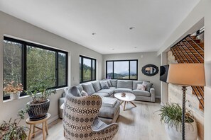 Smart TV, lareira, livros, aparelho de som