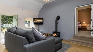 A modern living room with a grey sofa, a TV, a fireplace, and a view of the outdoors. - Ceunant Bach - One Bedroom Cottage, Sleeps 2 (Bethesda)