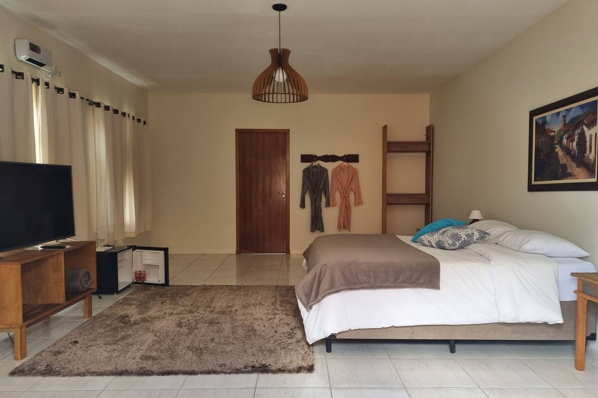 A bedroom with a bed, a TV, a wooden dresser, a robe rack, and a painting on the wall.