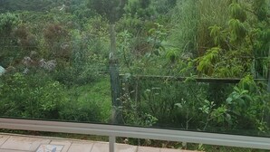 A balcony with a view of a lush green landscape and distant mountains under a cloudy sky. - Pousada Caminhos da Vila Chantal (Campos do Jordão)
