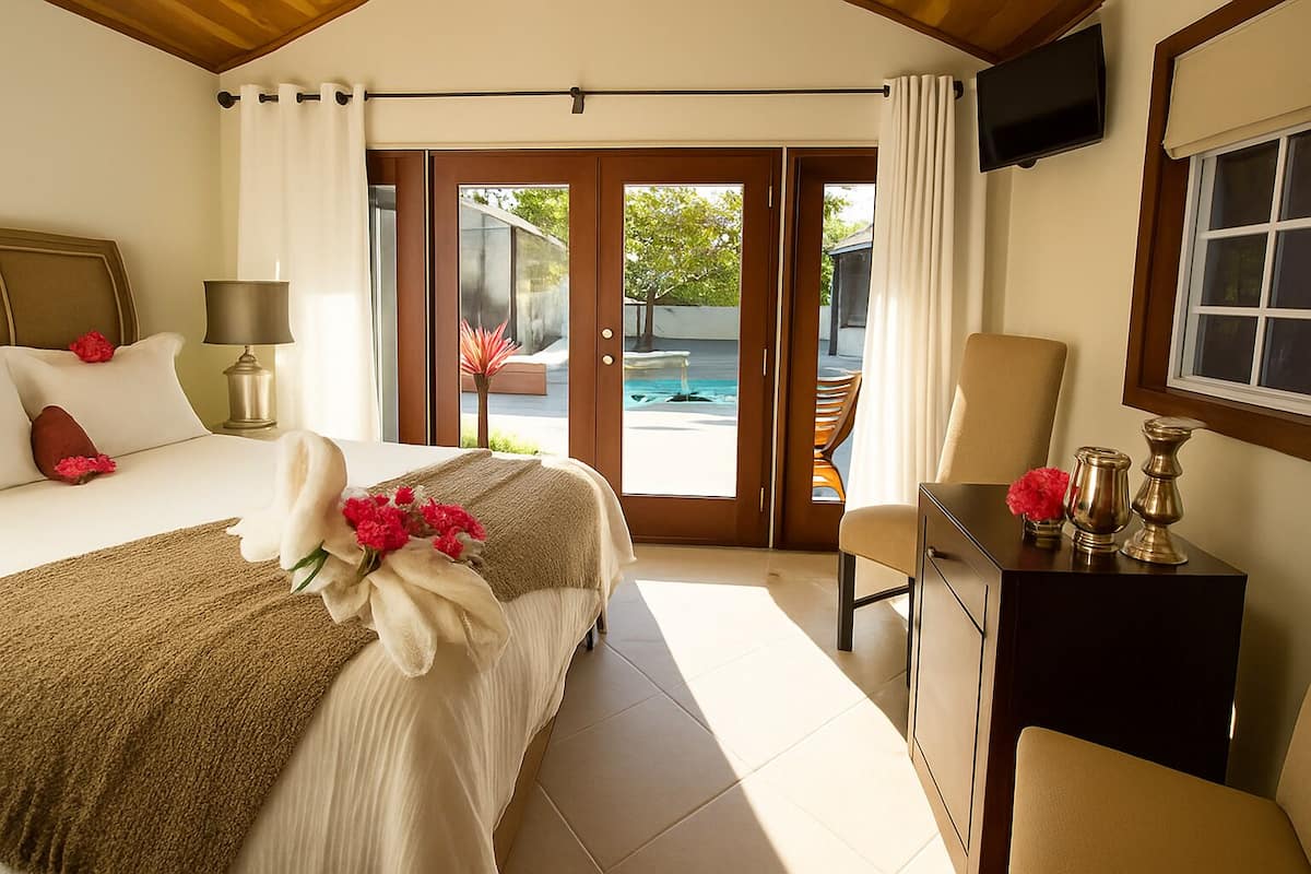 A hotel room with a bed, a desk, a chair, a TV, and a view of the outside.