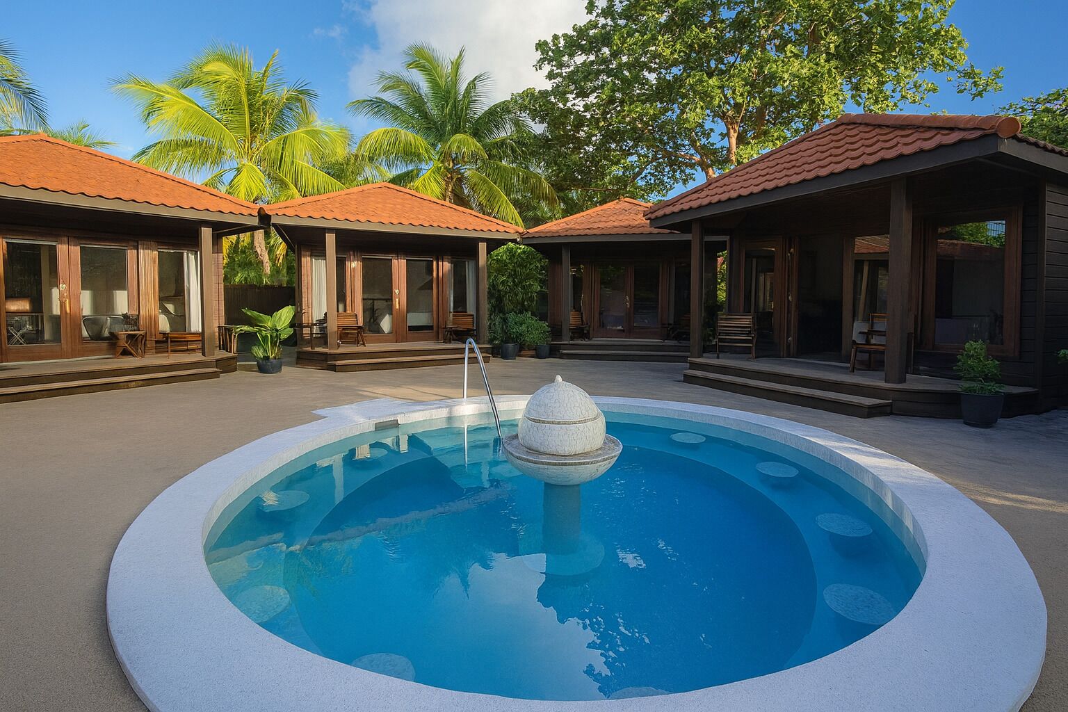 Une piscine avec une fontaine, entourée d’espaces de repos abrités et de palmiers.