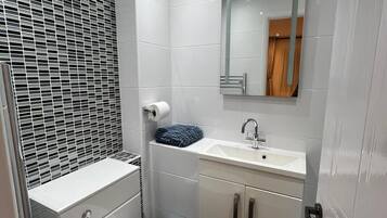 A modern bathroom with a toilet, sink, and mirror.
