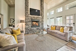 TV, fireplace, books
