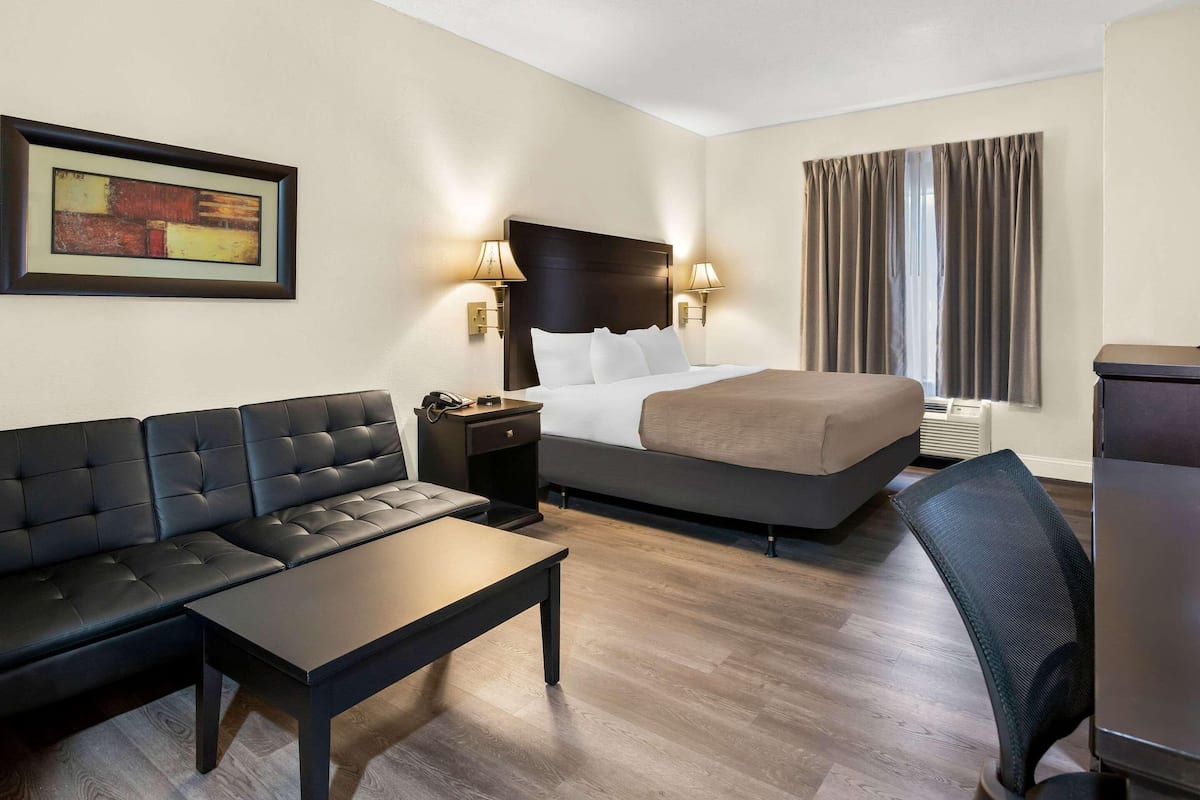 A hotel room with a bed, a sofa, a table, a chair, and a painting on the wall.