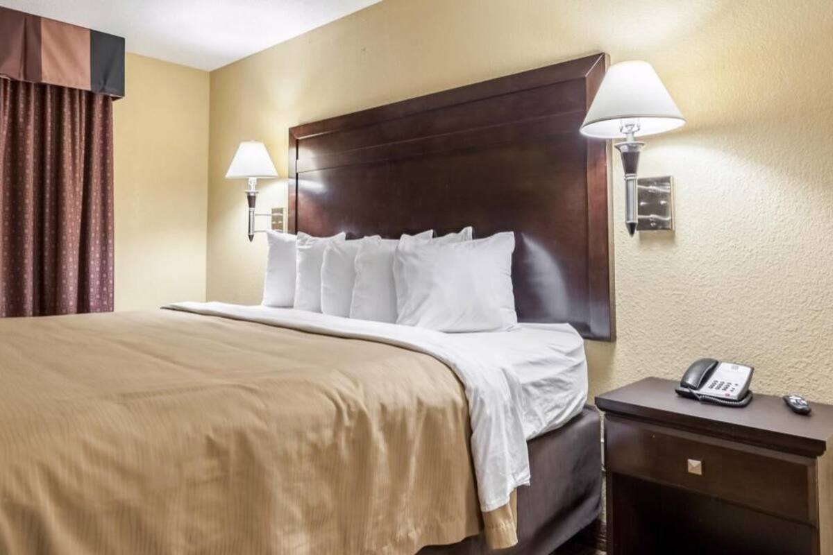 A hotel room with a large bed, a bedside table with a phone, and a lamp on the wall.