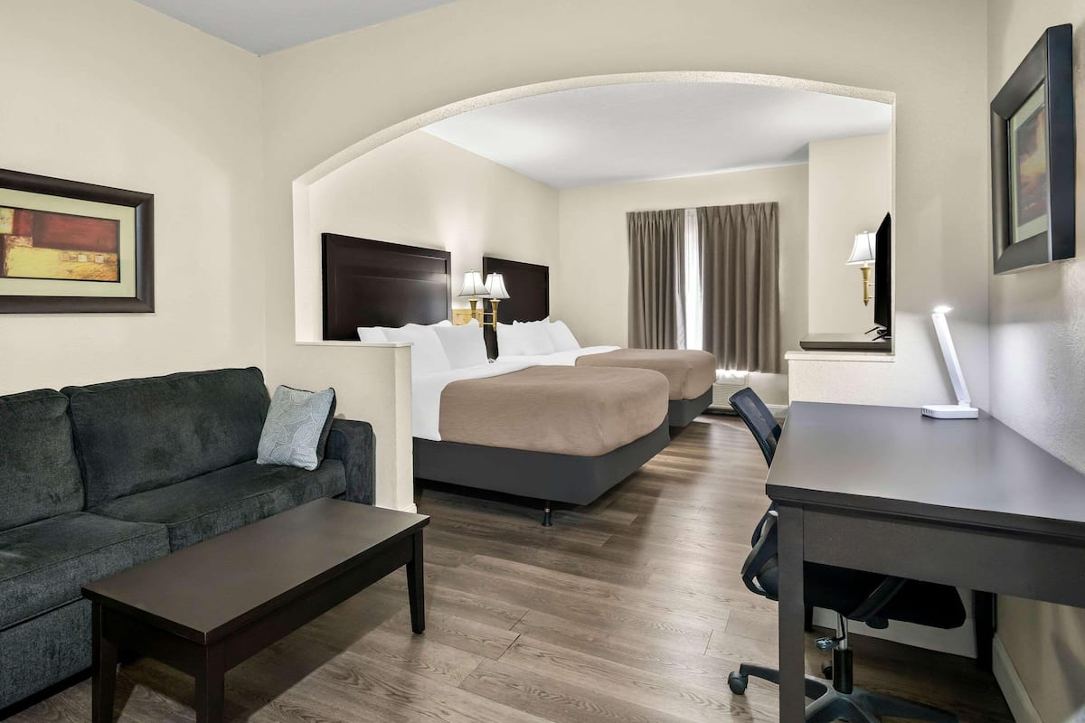 A hotel room with a sofa, a bed, a desk, and a chair.
