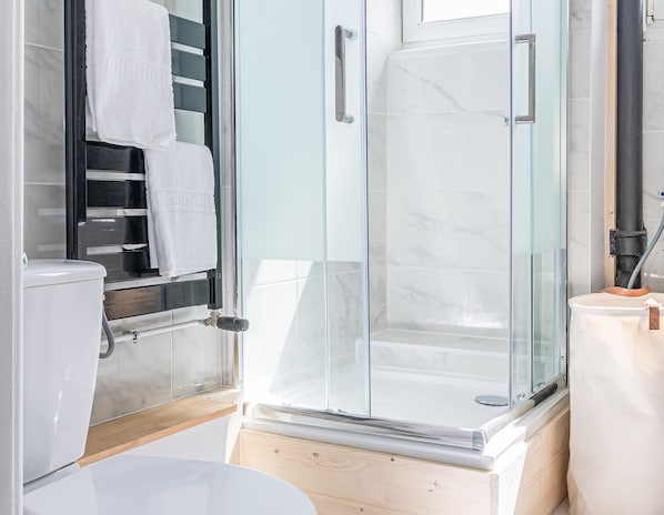 Shower, hair dryer, towels