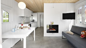 A modern living room with a fireplace, a flat-screen TV, a sofa, and a dining area with a white table. - First Camp Hasmark Strand Fyn (Otterup)