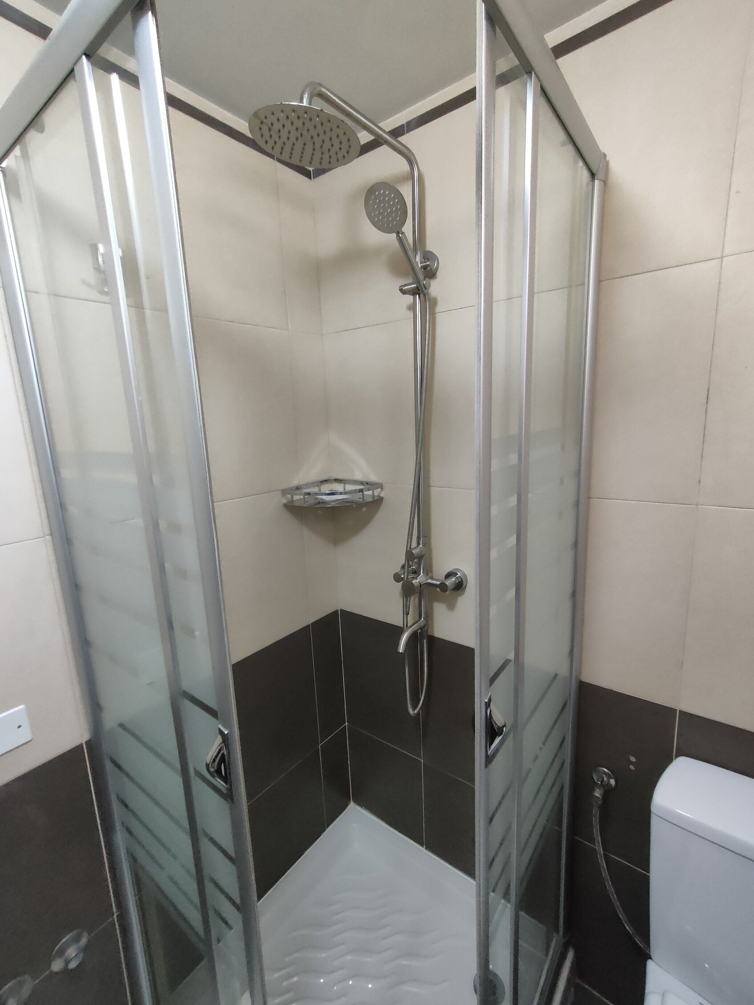 Un vestidura de ducha con paredes de vidrio, un cabezal de ducha manual y un cabezal de ducha fijo.