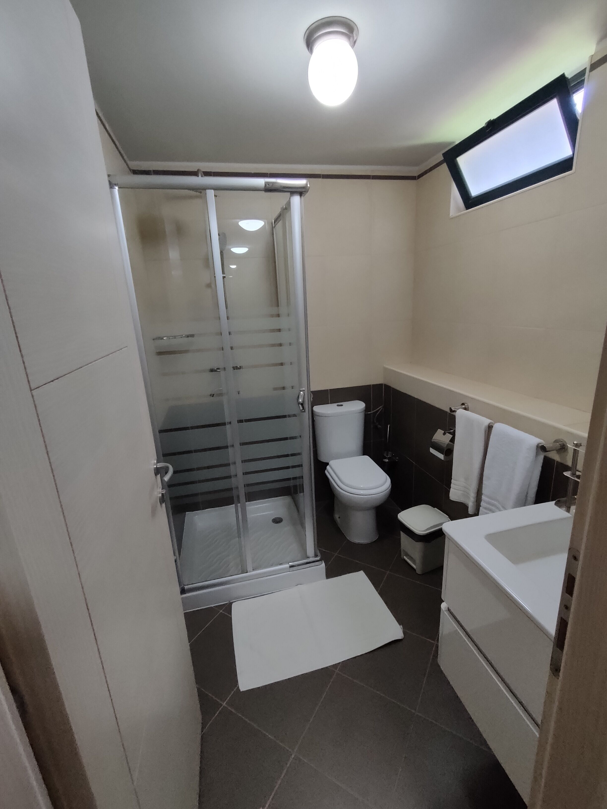 A modern bathroom with a glass shower enclosure, a toilet, a sink, and a mirror.