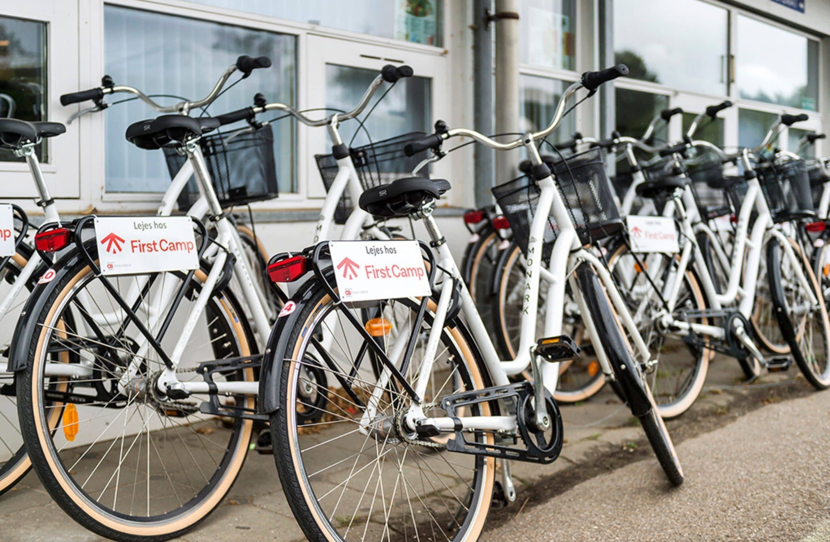 Eine Reihe Fahrräder sind vor einem Gebäude abgestellt, an dem Schilder auf einen Fahrradverleih hinweisen.