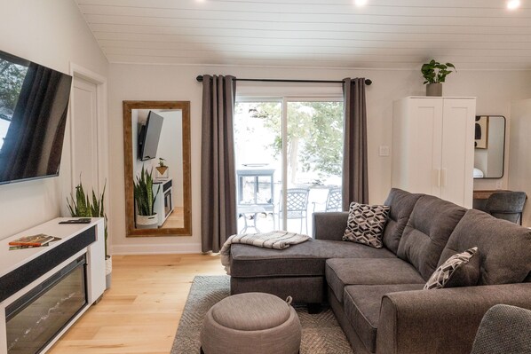 Télévision, cheminée, chaîne hi-fi