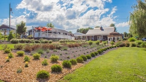 Um hotel com área externa coberta, um jardim com diversas plantas e um edifício com telhado em cerâmica.