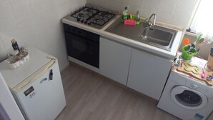 Cuina compacta amb fogó de gas, rentador i rentamàquines.