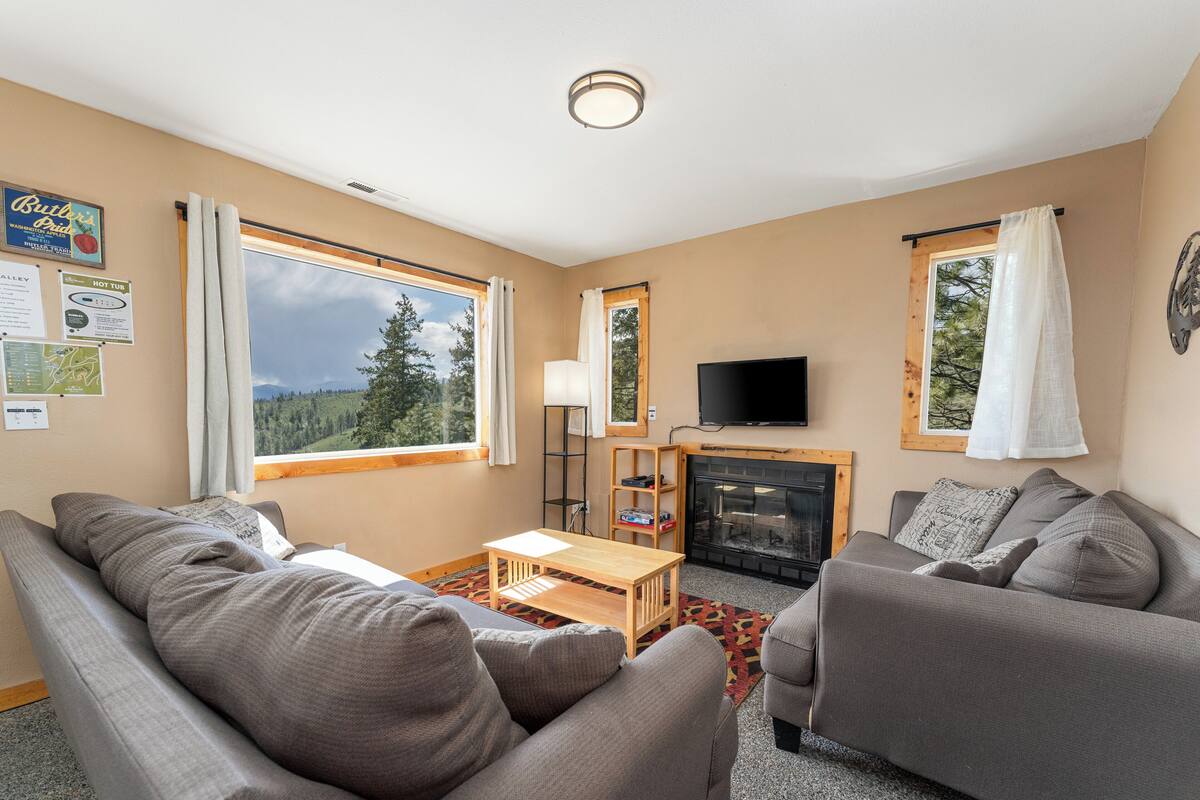 A cozy living room with a fireplace, large windows, and a flat-screen TV.