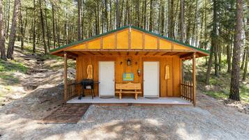 Shower, pengering rambut, handuk, dan sabun