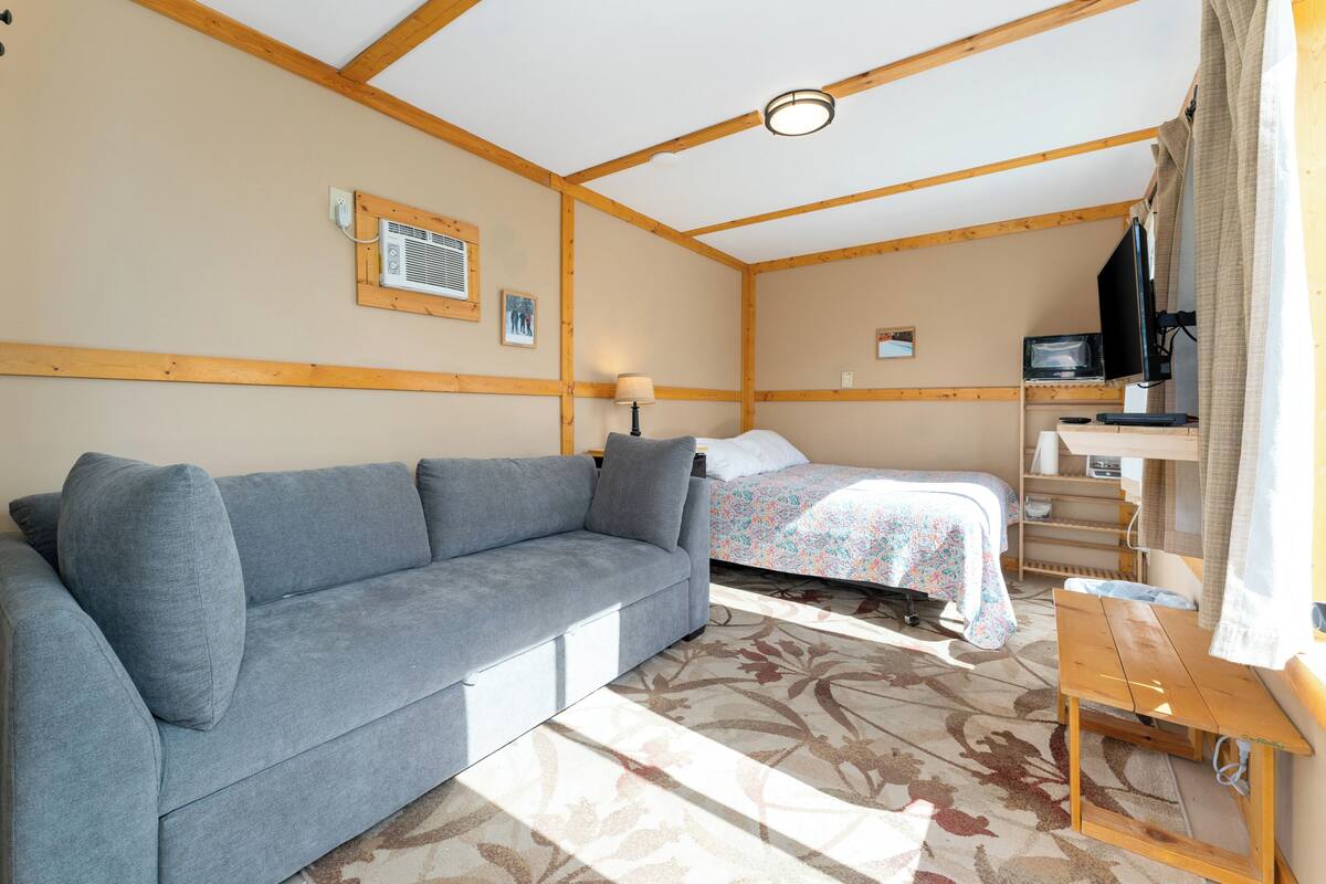 A room with a sofa, a bed, a television, and a wooden desk.
