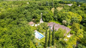An aerial view of a property with a swimming pool, multiple houses, and dense surrounding trees.