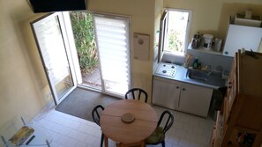 Fridge, microwave, stovetop, coffee/tea maker