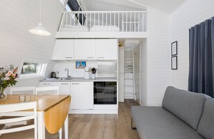 Deluxe Cabin | Private kitchen | Fridge, highchair, coffee grinder, cookware/dishes/utensils