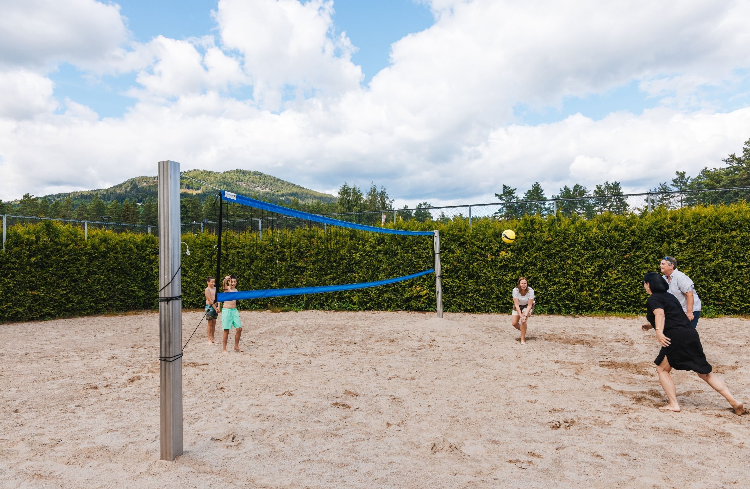 A beach volleyball court with a net, surrounded by sand and greenery.