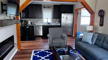 Smart TV, fireplace, video games, DVD player