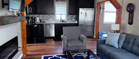 Smart TV, fireplace, video games, DVD player