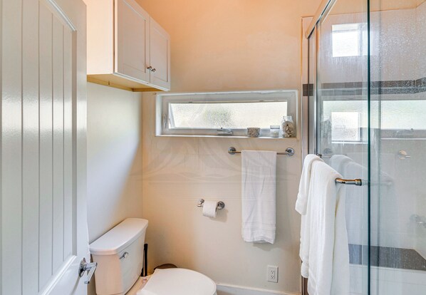 A bathroom with a toilet, a window, a glass shower enclosure, and a towel rack.