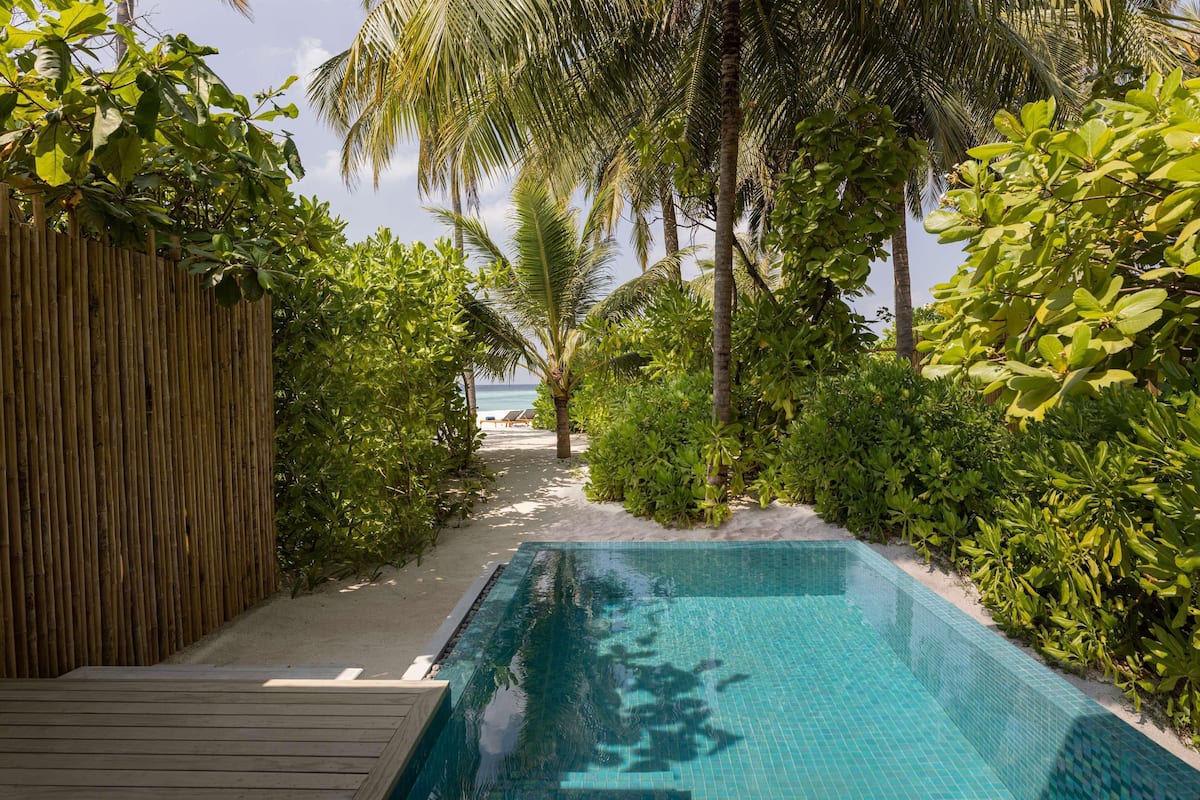 A pool area with a wooden deck, surrounded by lush greenery and palm trees, leading to a beach.