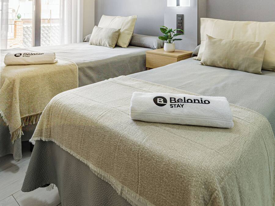 A hotel room with two beds, a small table with a plant, and a wall-mounted light.