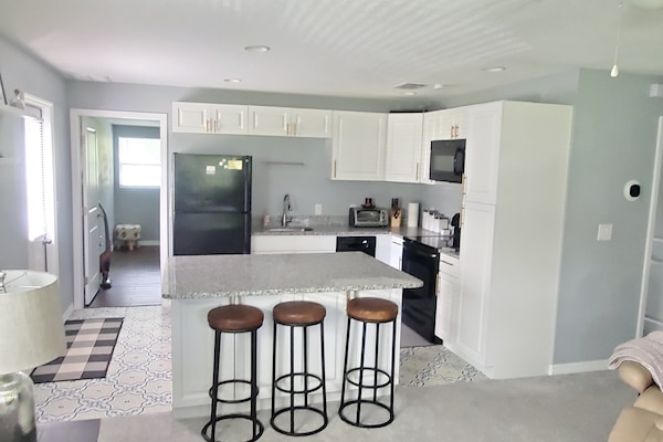Open kitchen concept with all new cabinets, island, glass top stove.
